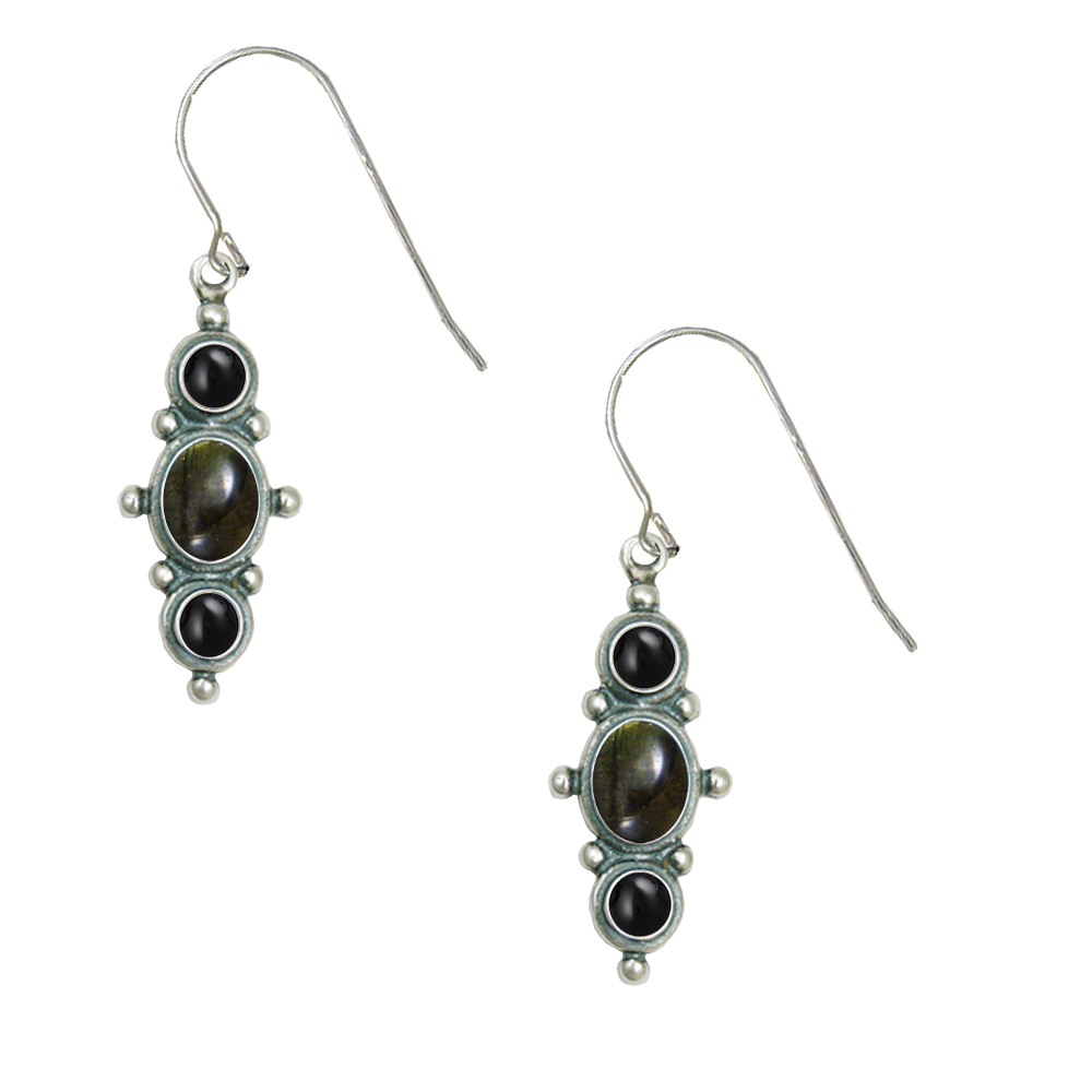 Sterling Silver Drop Dangle Earrings With Spectrolite And Black Onyx